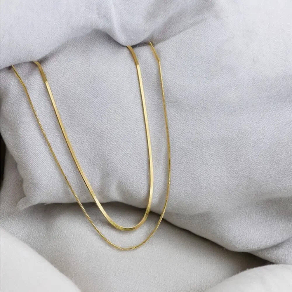 NEW 18K yellow gold filled flat layered double snake chain necklace jewelry B8A